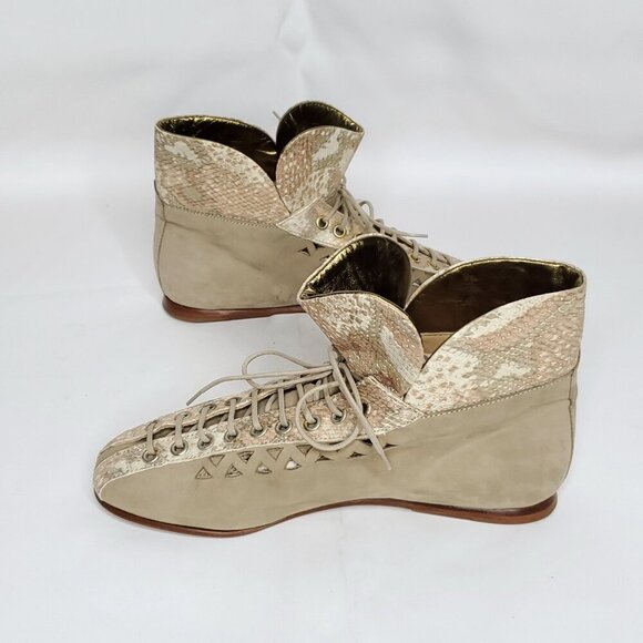 Mariagrazia Ripari Flats Shoes 7.5 Ankle Lace Up Cutouts Reptile Beige Tan Boho - Picture 5 of 9